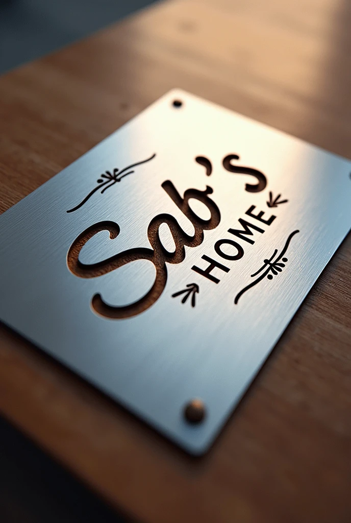 Sab's Home Logo Metal Engraved: Laser engraved on a metal plate, surface-centered, ideal for commemorative plaques or premium product labels.