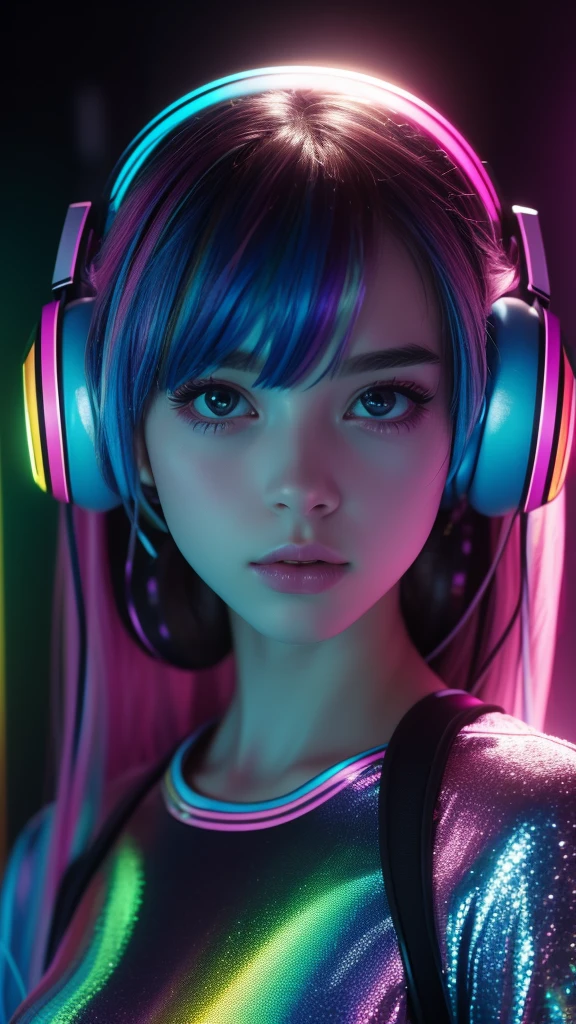 best qualityer, 8k.
Young woman, rainbow hair with headphones.
holographic, shimmering clothes. 
She is centered looking directly at the camera. 