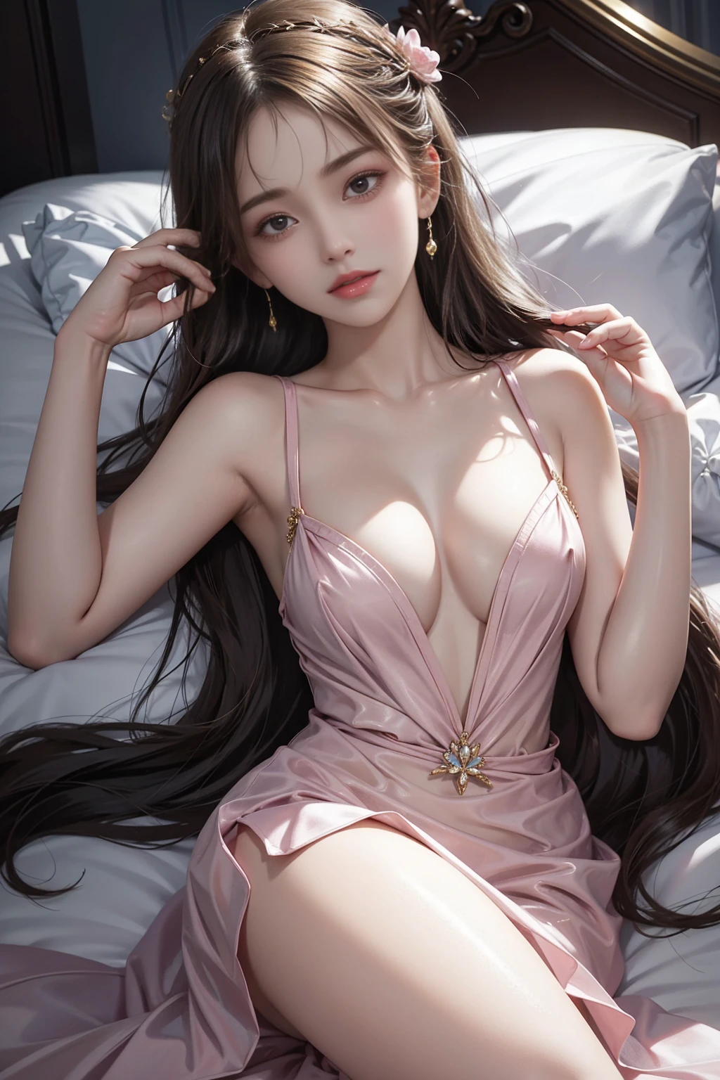 liquid clothes
water((Girl lying in bed))、A beautiful and moving woman, in an elegant pose, her full breasts on display.,Visible cleavage,The skirt is short, Sexy long legs,Variety of slim and cute beauties, Her long hair cascades down her shoulders like a waterfall。She smiles radiantly,Eyes sparkle,Her skin is flawless。Her curves are highlighted。Sparkle in the light,The colors are soft,Perhaps in shades of light pink or lavender。She lay confidently,One hand on hip,Her posture is both graceful and strong。She wears elegant high heels,Goes well with her outfit。In the warm golden sun。The overall atmosphere of the image is tranquil and uplifting,Emphasizing natural beauty and elegance, Studio Lighting,Bright colors, Sweet maiden, sweet smile, make up,shy,Blush,Parted lips,Heavy breathing,moan,Surrealism,Realism,Movie Lighting,Relief,Sony FE GM,Retina,masterpiece,precise,Anatomically correct,Textured Skin,Super Detail,High Detail,best quality,rich and colorful