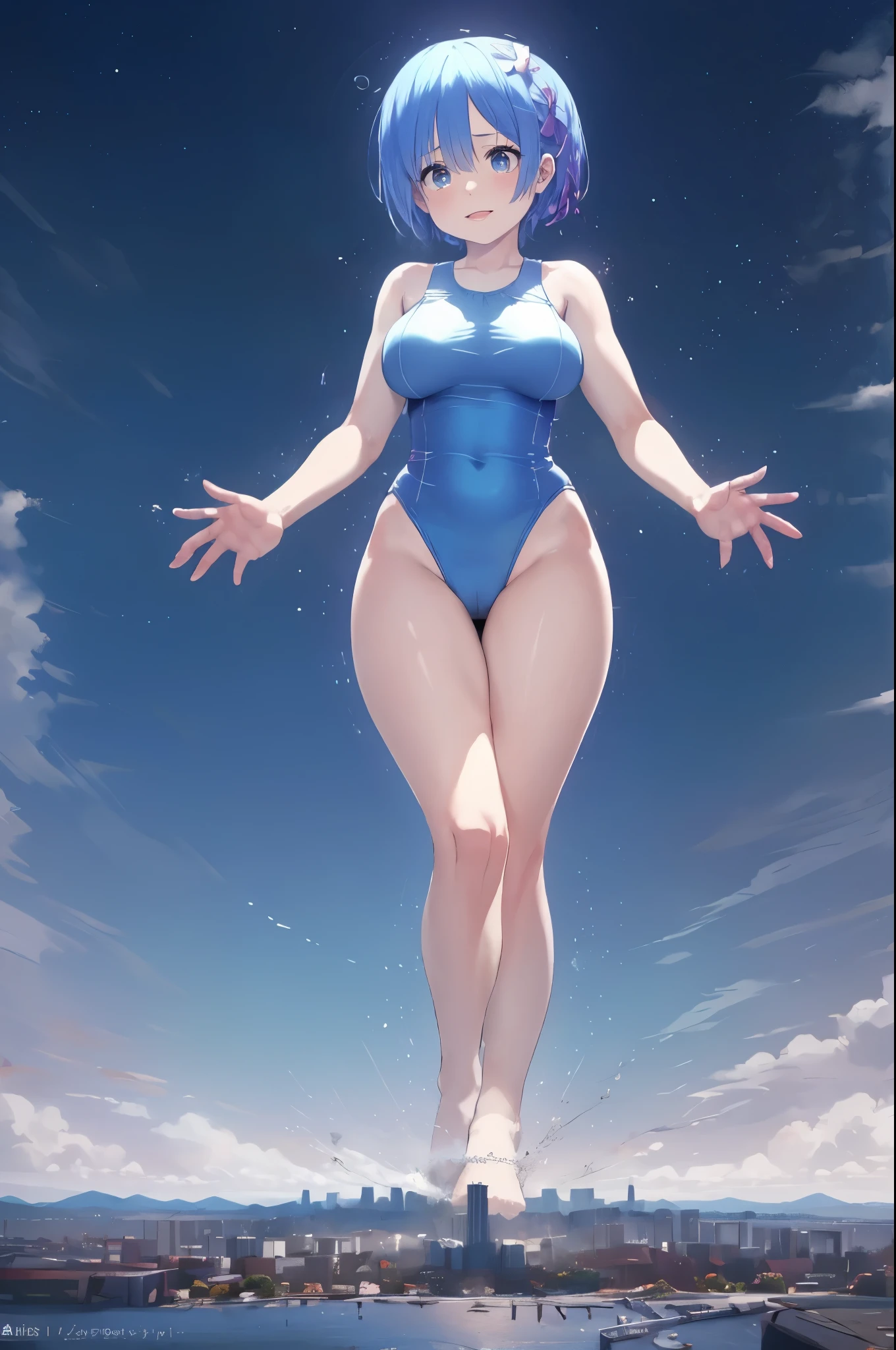 Fisheye Lens、Long legs、Super huge 、Plump thighs、looking at the camera、Embarrassed、Sweat it out、Giant art, highly detailed Giant shots, Giant, Two legs, Five Fingers, short hair, beautiful, larger than a skyscraper, smile, Big Brehuge breasts、Plump thigem from Re:Zero)))、((((((Swimsuit))))))、looking at the camera、High qualityHigh quality、8ｋ、((照れたsmileでウインク))、(((((Full body description)))))、Low angle camera、Chest、Splash、((Transparent swimsuit in water))、Fantastic、A tight swimsuit that looks like it might tear、Aqua-sama、(((A giant Rem, 4 meters tall))),Reaching out、looking at the cameraで
, Destroy a city, a very small big city, Miniature metropolis, Description of the whole body, GTS, giga Giant,Lots of big explosions、fire、 Skyscraper Stomping City, Crush City, Small Town, Micro City, Pantyhose Legs, High reson, Highest quality, masterpiece, 