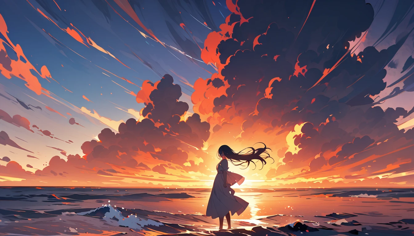 「a girl sits before a setting sun over the sea.。Her long hair flows in the wind、Wearing a soft dress。In the background, the sky is a gradient of orange and purple.、the vast sea with gentle waves rolling in.。The girl&#39;s expression is calm.、as she gazes out at the ocean with dreamy eyes.。In the style of a Ghibli animation,、Warm colors and detailed depictions are characteristic,。」