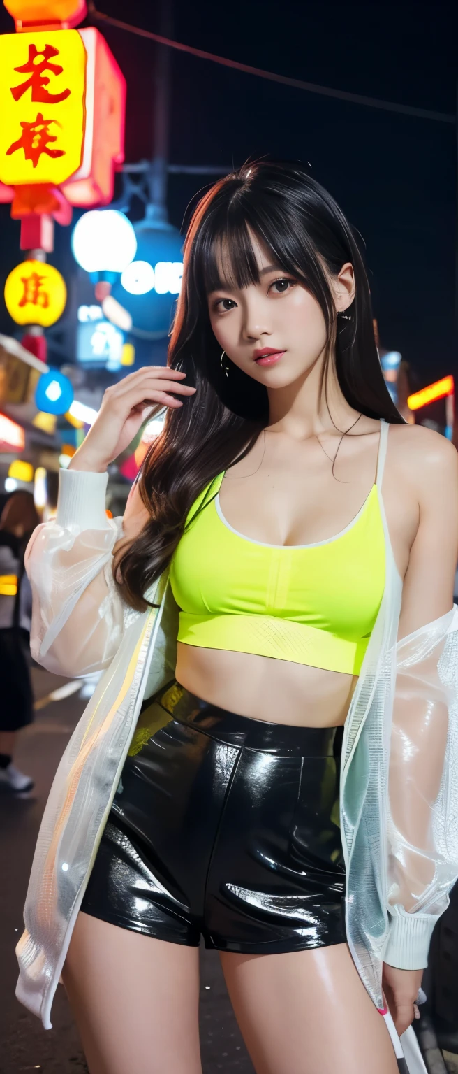 Gorgeous idol girl、whole body、Good style、、、、、、、、、、Thick legs、、Fluorescent yellow and silver cyberpunk shorts costume(Tank top、Sheer jacket)、、Cool girl face、、Glowing Night Chinatown、