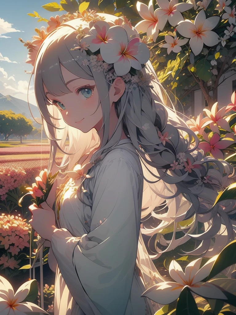 Masterpiece、Highest quality、The best composition、smile、Anime、Gray Hair、Green Eyes、かわいいAnime、smile、((White Plumeria))、flowerwings、Fractal Art、Gwaiz、garden、Flower Field、Soap bubble、Beautiful hair ornaments、Front facing the viewer