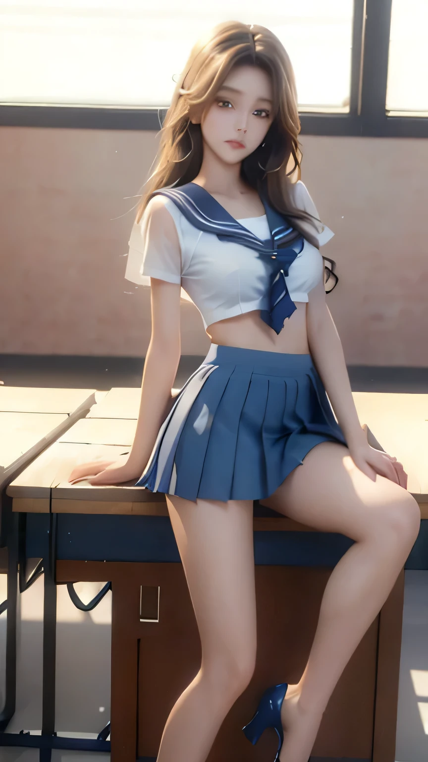 Non-NSFW、Real、(Highest quality), (masterpiece)、Ultra-high resolution、RAW Photos, (upper body), (in classroom:1.5), Fantasy、Looking into the camera、alone、(elemental Sylph:1.1), Beautiful Spirit、Super Beauty, (Mature:1.2), (24years-old:1.2)、Moisturized Skin、Perfect model body、Beautiful Eyes、Big eyes, (brown eyes:1.2)、Inconspicuous tear bags、slim、No bra、Beautiful fingers、Very long hair、highly saturated photos, clavicle, Splash, attractive,skinny, (sad:1.4), no_panties, (Large Breasts:1.6), Nipples, (brown hair), (Waist-length hair:1.5), Small Ass, lips, (sailor uniform:1.5),(Checked blue skirt:1.2),(red tie:1.2), (pleated miniskirt :1.5),(high heels:1.1), (Several sexy poses:1.1)