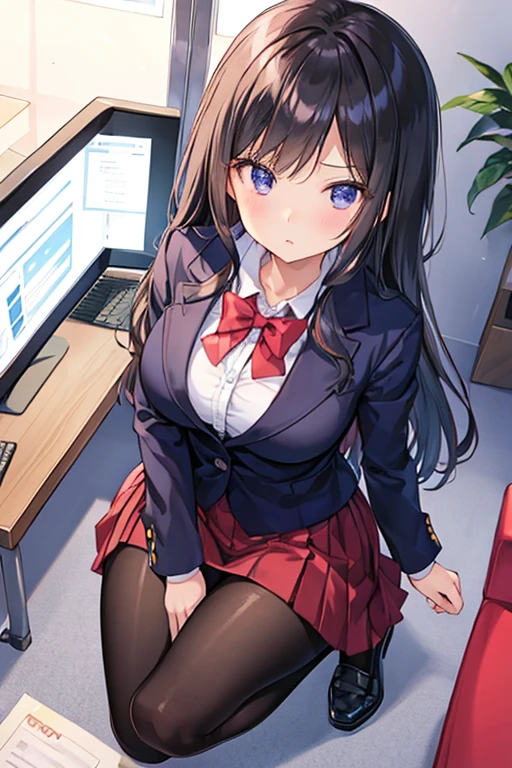 masterpiece, best quality, ultra detailed, art station, (full body in frame), 1girl, romanticism, solo, (detailed face), cute face, (((slim face))), ((sharp jawline)), blush:1.2, (heart shaped pupil:1.4), seductive smile, gasp, steam, (big eyes), panic, flustered, wind swept hair, cute choker, black choker, bowtie, (((tight school uniform))), (((mini school uniform))), (cropped school unform), ((bikini:1.4)), medium large boobs, perky boobs, puffy , perky , cleavage visible, showing off cleavage, showing off midriff, (showing off belly), bloated belly, (muffin top belly:1.1), abs, slightly muscular abs, accurate belly button, accurate lower belly, (slim waist), (wide hips), (panty strings:1.1), (((thong strings:1.1))), (mini skirt), thick thighs, (muscular thighs:1.2), (muffin thighs:1.2), thigh highs, looking at viewer, (dutch angle:1.2),facing the viewer, (background in an office:1.4), (dappling sunlight:1.2), (vibrant colours:1.2), bright colours
