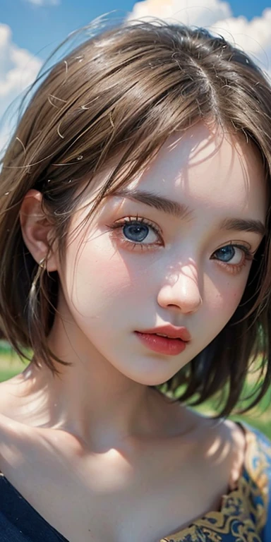 (masterpiece: 1.2, Portraiture, Highest quality), Realistic, (Live Action, Intricate details, Written boundary depth), Highest quality, masterpiece, Attention to detail, semi-Realistic, Sleeping on the grass, shy, 21 years old, short hair, blue eyes, Blonde Hair、Blonde、 Slim figure、Shoulder Bare、Shorts 、Blue sky and a few clouds
