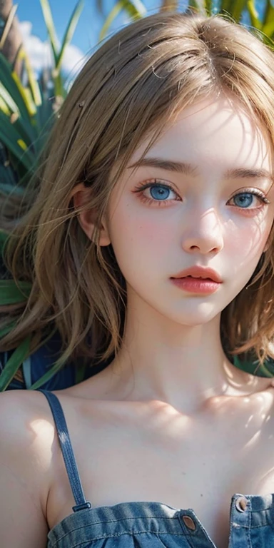 (masterpiece: 1.2, Portraiture, Highest quality), Realistic, (Live Action, Intricate details, Written boundary depth), Highest quality, masterpiece, Attention to detail, semi-Realistic, Sleeping on the grass, shy, 21 years old, short hair, blue eyes, Blonde Hair、Blonde、 Slim figure、Shoulder Bare、Shorts 、Blue sky and a few clouds