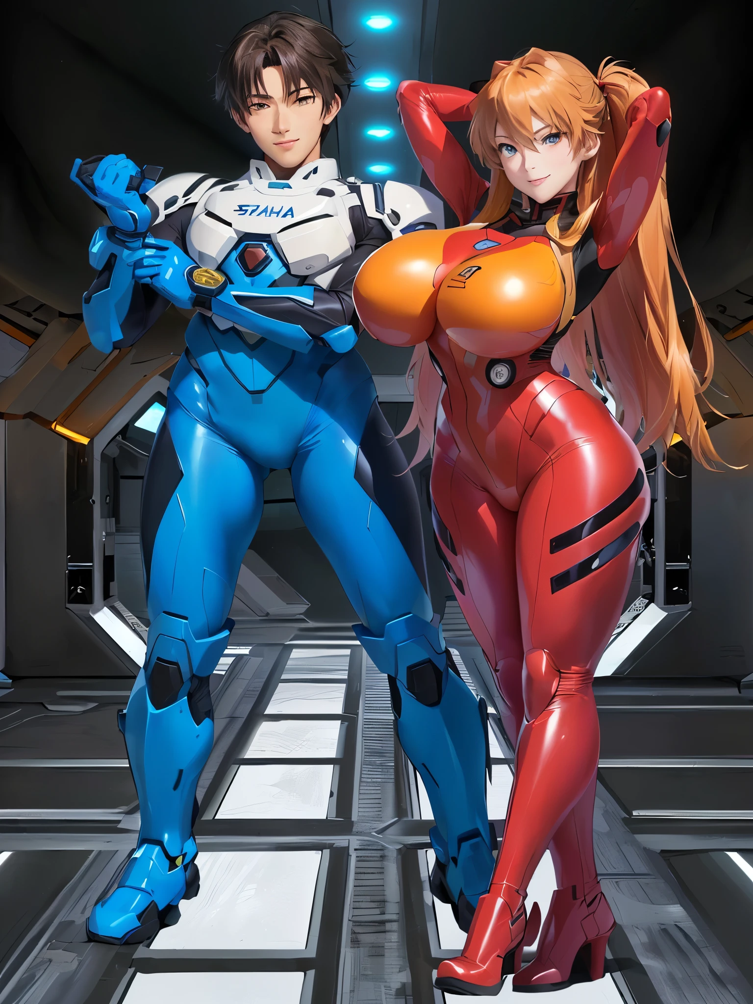 (On the left is a handsome, muscular man.:1.5),(The woman on the right has the most beautiful breasts:1.5),(シンジとAsuka:1.5),(Cosplay Photography),(The best smile:1.5),An anime character wearing red and blue clothes is having a photo shoot., body and soul! Asuka suit, Asuka suit under clothes!, Asuka langley sohryu, Asuka langley soryu, Asuka langley souryuu, Asuka langley, Asuka, Zero Suit Samus, Cyber Suit, Female body type, Tadashi Nakayama,masterpiece, Highest quality, (Highly detailed CG Unity 8k wallpaper), (Highest quality), (Best illustrations), (Best Shadow), Absurd, Realistic lighting, (abyss), Beautiful sparkle, art：PeterMohrBacher,