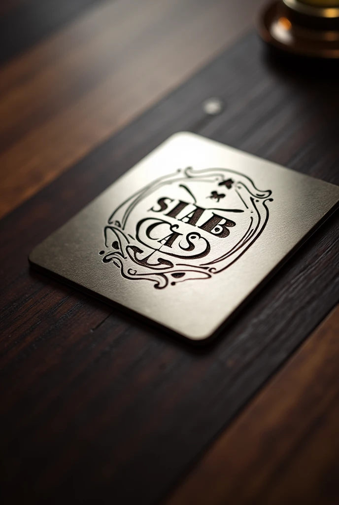 Sab's Home Logo  Metal Engraved: Laser engraved on a metal plate, surface-centered, ideal for commemorative plaques or premium product labels. head on, not inclined 