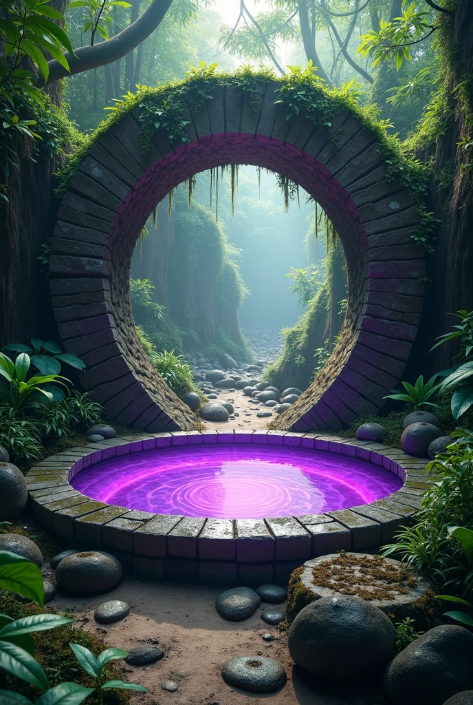 ((JUNGLE ENVIRONMENT)), Circular portal with purple water as transport middle, round stone array border that surrounds purple liquid water, portal at vertical stance only, three-fourths angle view from viewer 