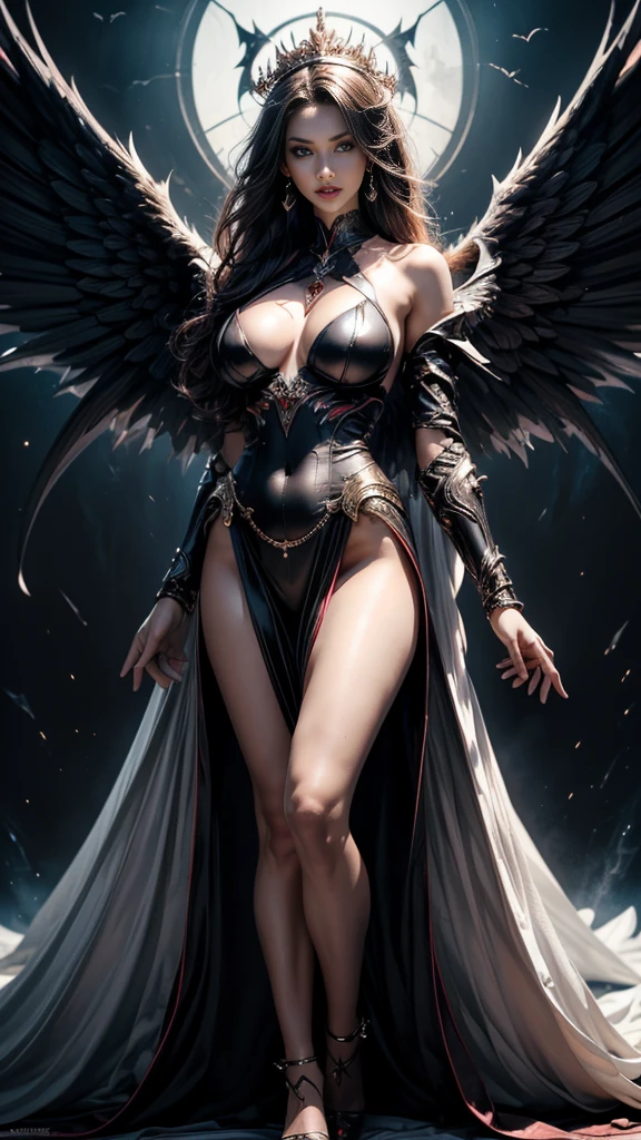 full body image, 20 year old woman, shiny black, straight, Two meters long, big breastโตฟูอวบอิ่ม, Eye-Catching Pose, ((Perfect dynamic composition:1.7)), Highly detailed skin and face:1.3, Details of the limbs, Wings on the shoulders, both angelic and demonic, (Clearly separated, Angel wings and devil wings, White wings and black wings), (Realistic picture, highest resolution), The beautiful face with a calm and elegant expression, Completely gone, (A demon god with wide wings and enormous power on his shoulders., black bat wings:1.2, white angel wings:1.5), (สาวสวยผมTwo meters long, Shiny black hair, Smooth white skin, Lips are very red.), ((stand, finished)), (big breasts, big breast), (gigantic breast, breast augmentation, Breast 400 cc., small waist, hips raised, small thighs, Long legs), (dynamic poses), (Armor that slightly covers the body), Separate theme, (Angel wings and devil wings), floating in the air above the ground, background darkness, Embraced with twelve wings, He with a crown-like radiance, Those who have light, Wearing little armor, Energy comes out of the body., sparkling wings, White light, black light, Amazing wings, beautiful posture, 8K resolution, Resolution 4000 x 2250 pixels, beautiful posture, Angel wings and devil wings, (Realistic picture, highest resolution), Angel wings and devil wings, White wings and black wings, Angel wings and bat wings, Angel wings and devil wings, White wings and black wings, (เน้นที่big breastsโต, big breastโต), (gigantic breast, small waist, hips raised, small thighs, Long legs), (dynamic poses), (A form-fitting dress in black and red with beautiful patterns, Decorated with gold embroidery, Show off your body to the fullest), Tight-fitting outfit, Short film set that reveals the body, (Angelic and demonic wings separated on the back shoulders), Very full and plump breasts, Breasts that overflow and push against the fabric of the dress, see full body, See every part of the body, Visible from head to toe