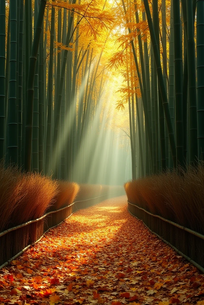 bamboo forest、evening、Late Autumn、Accumulated dead leaves、Tree Dead、Dead leaves dance