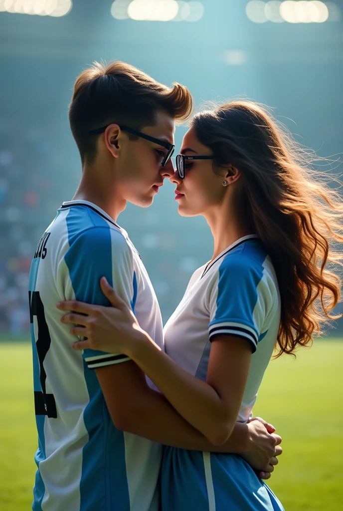 In Football s ground boy and staring at each other lovely boy wearing football jersey 32 girl is wearing glasses and a dress they are adult looking at each other intense gaze make girl hair open and they are hugging each other stop smiling they are not smiling make disappear back ground chang his jersey to white and blue