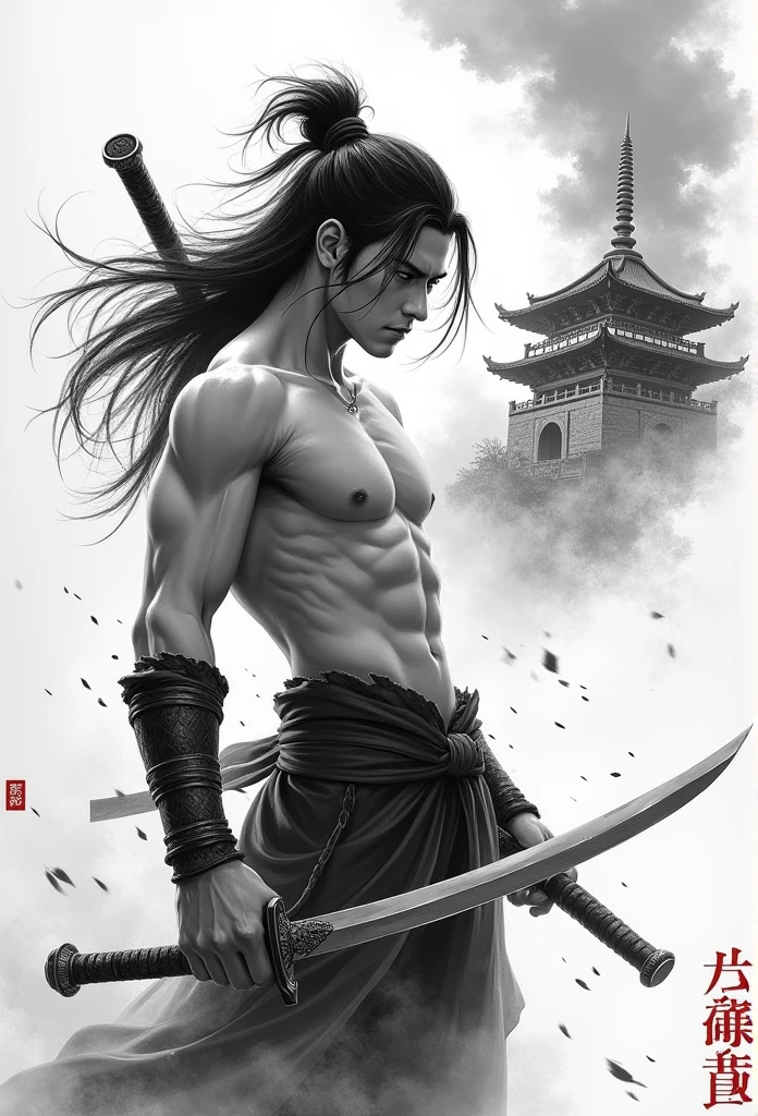 Chinese ink style,ink,whole body, Young slender muscular warrior without a shirt, deslcalzo, Pantless front view, Face expressing fury. One hand holds a sword behind him,La punta de la espada preguntó,Cultiva en un inmortal,Camino de hueso de viento de hadas,Fondo del tótem del Tai Chi,Long and loose hair,8k,super-fine, in the background a Taoist temple in flames, Full color subject, Black and white background
