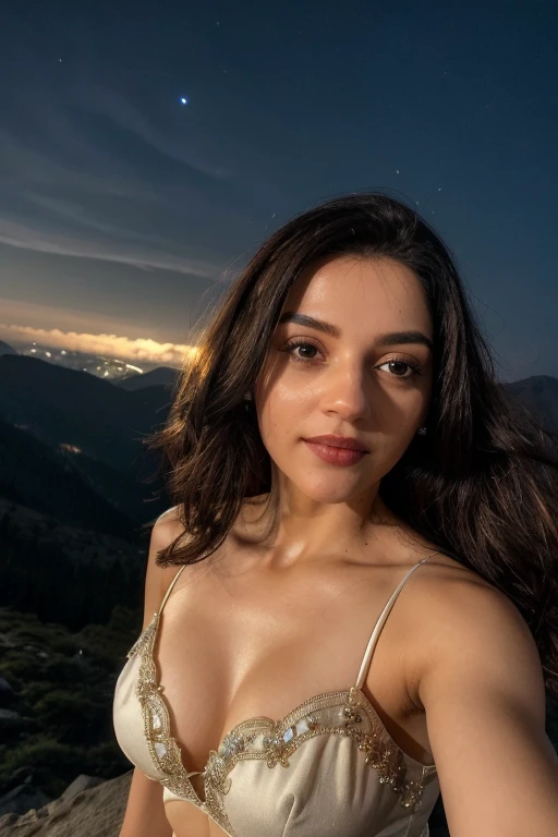 m3hr33n, face and cleavage closeup, looking at viewer on mountains in night,