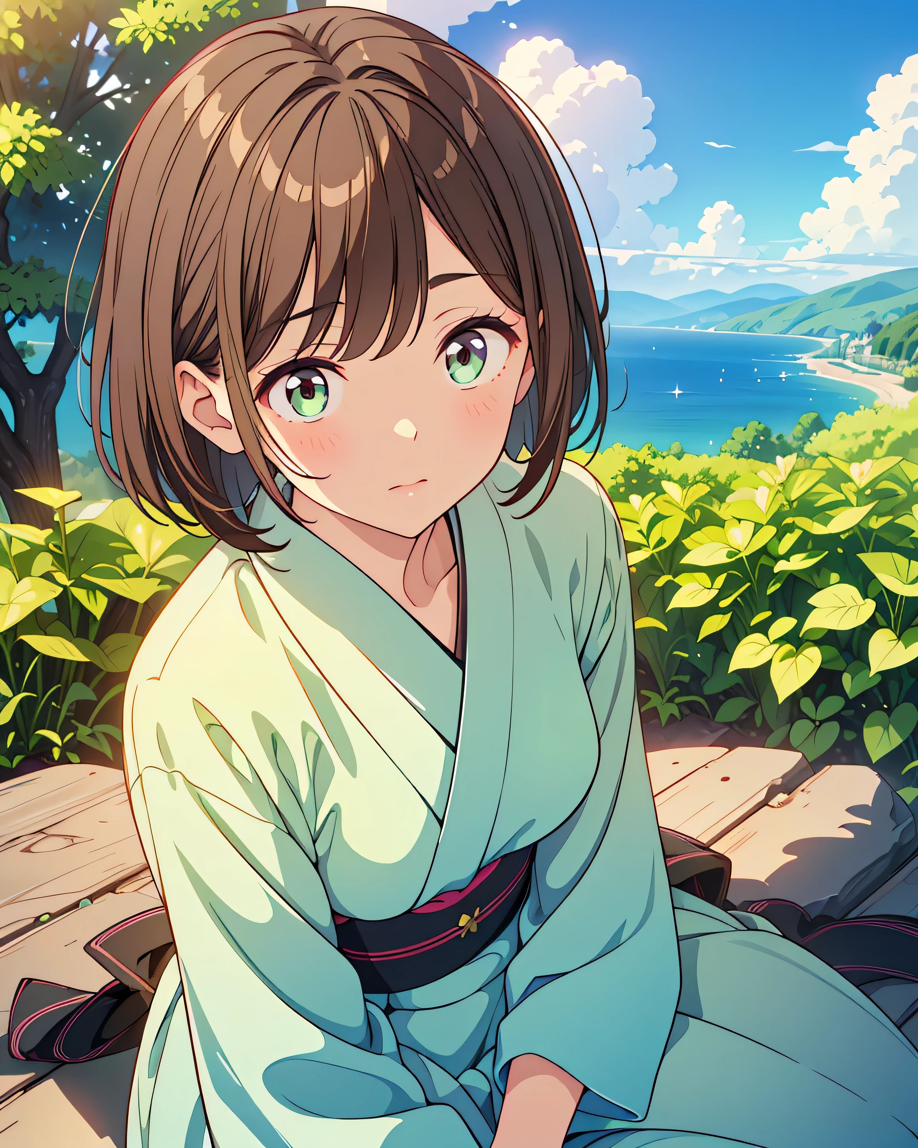 Highest quality, 32K, High resolution, Masterpiece:1.5, Beautiful Japanese Girl, Small Face Beauty, An exceptionally beautiful face, Perfect Human Anatomy, Magical big eyes, Rich emotional expression, Distant Gaze, ((Shiny brown hair:1.1)), ((short hair)), Asymmetrical bangs, Hair between the eyes, Transparent, soft white skin, Sharp eyebrows, Thin lashes, Natural Makeup, Cheek highlighter, Pale pink detailed lips, Green vegetation, A girl sitting next to a tree., Casual Fashion, Beautiful details of light, Beautiful detailed shadows, ((Beautifully detailed clouds))