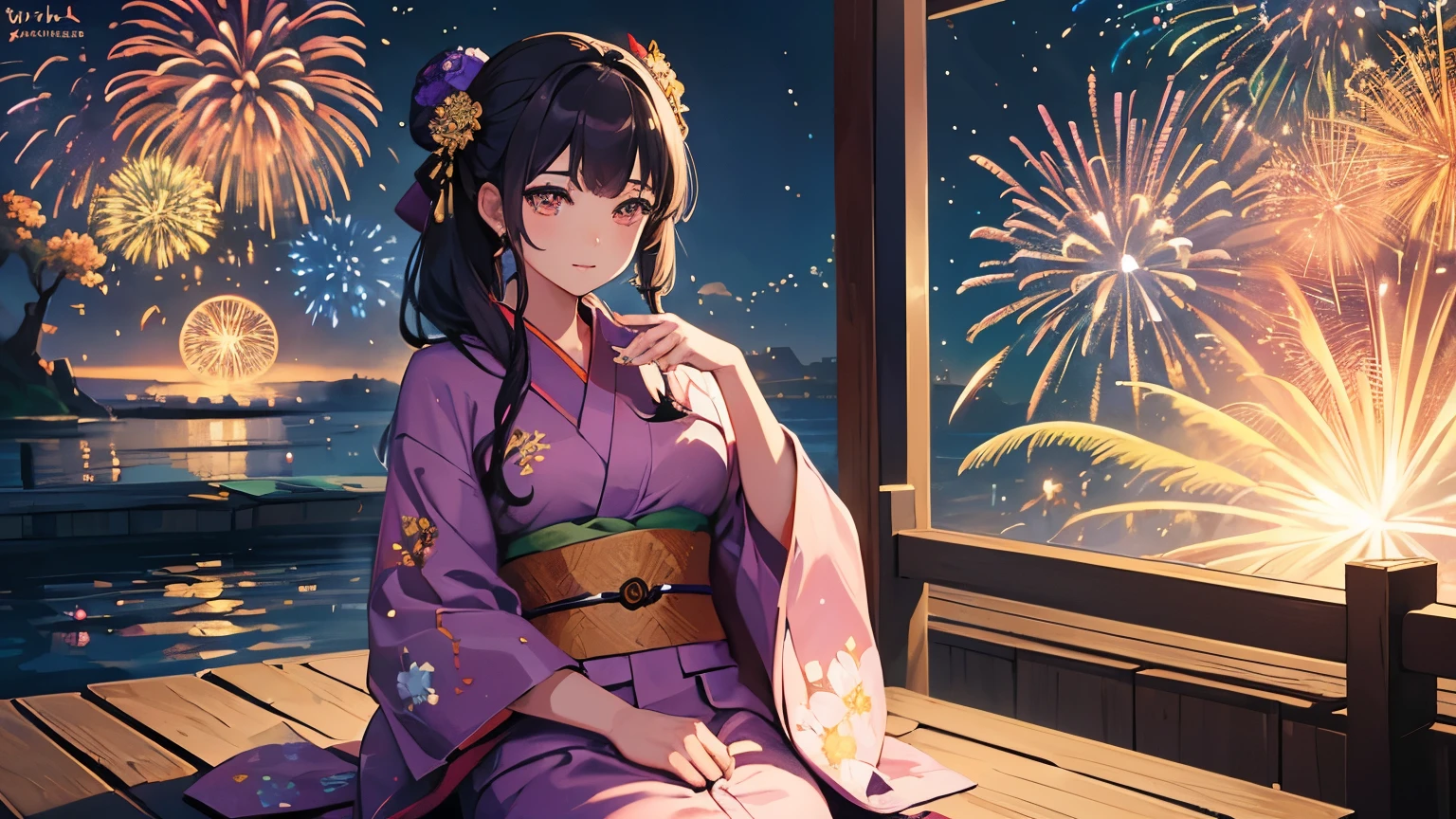 masterpiece,highest quality,(((Super Detailed Woman1))),Super detailed face,Super detailed eye,yukata,Sitting,day time,Fantasy,Calm,nebula,High resolution,(((firework)))