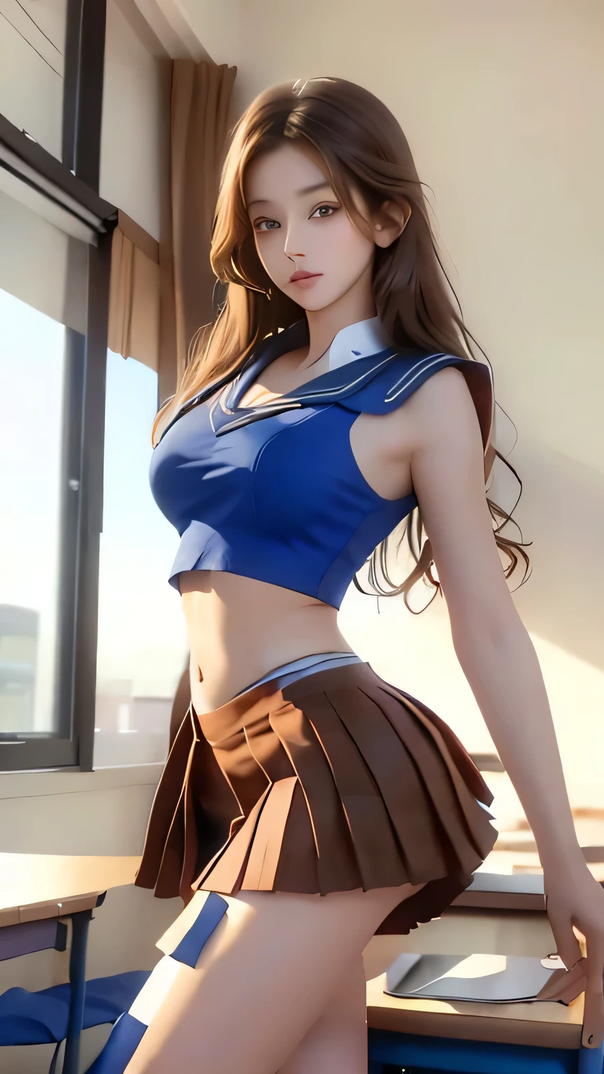 Non-NSFW、Real、(Highest quality), (masterpiece)、Ultra-high resolution、RAW Photos, (upper body), (in classroom:1.5), Fantasy、Looking into the camera、alone、(elemental Sylph:1.1), Beautiful Spirit、Super Beauty, (Mature:1.2), (24years-old:1.2)、Moisturized Skin、Perfect model body、Beautiful Eyes、Big eyes, (brown eyes:1.2)、Inconspicuous tear bags、slim、No bra、Beautiful fingers、Very long hair、highly saturated photos, clavicle, Splash, attractive,skinny, (sad:1.4), no_panties, (Large Breasts:1.6), Nipples, (brown hair), (Waist-length hair:1.5), Small Ass, lips, (sailor uniform:1.5),(Checked blue skirt:1.2),(red tie:1.2), (pleated miniskirt :1.5),(high heels:1.1), (Several sexy poses:1.1)
