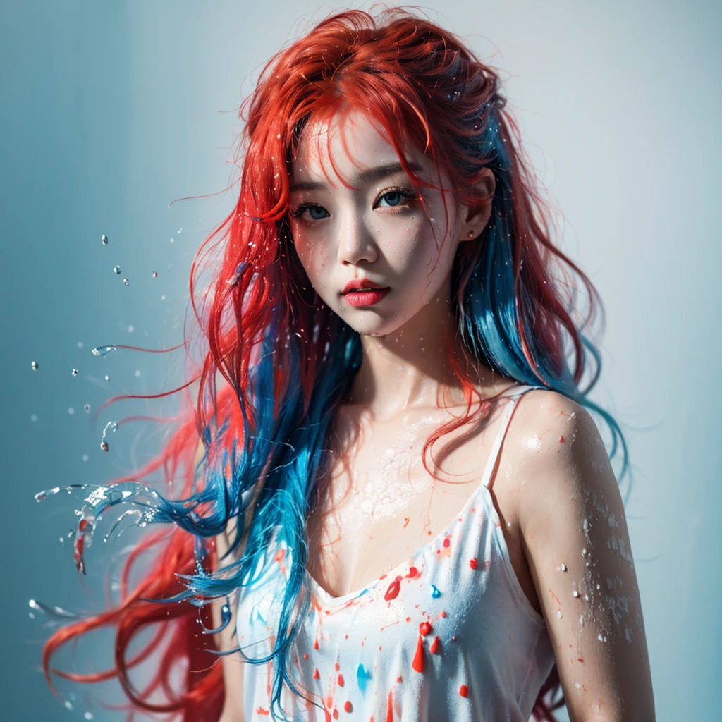 (Masterpiece, Best Quality, High Resolution), White Background, Acrylic Paint, ((Color Splash, Splash of Ink, Color Splash)), Sweet Chinese Girl, Long Light Blue and red Hair, [Light Blue|Pink] Hair, Curly Hair, Glitter, Peach Lips, White Shirt, Front, Upper Body