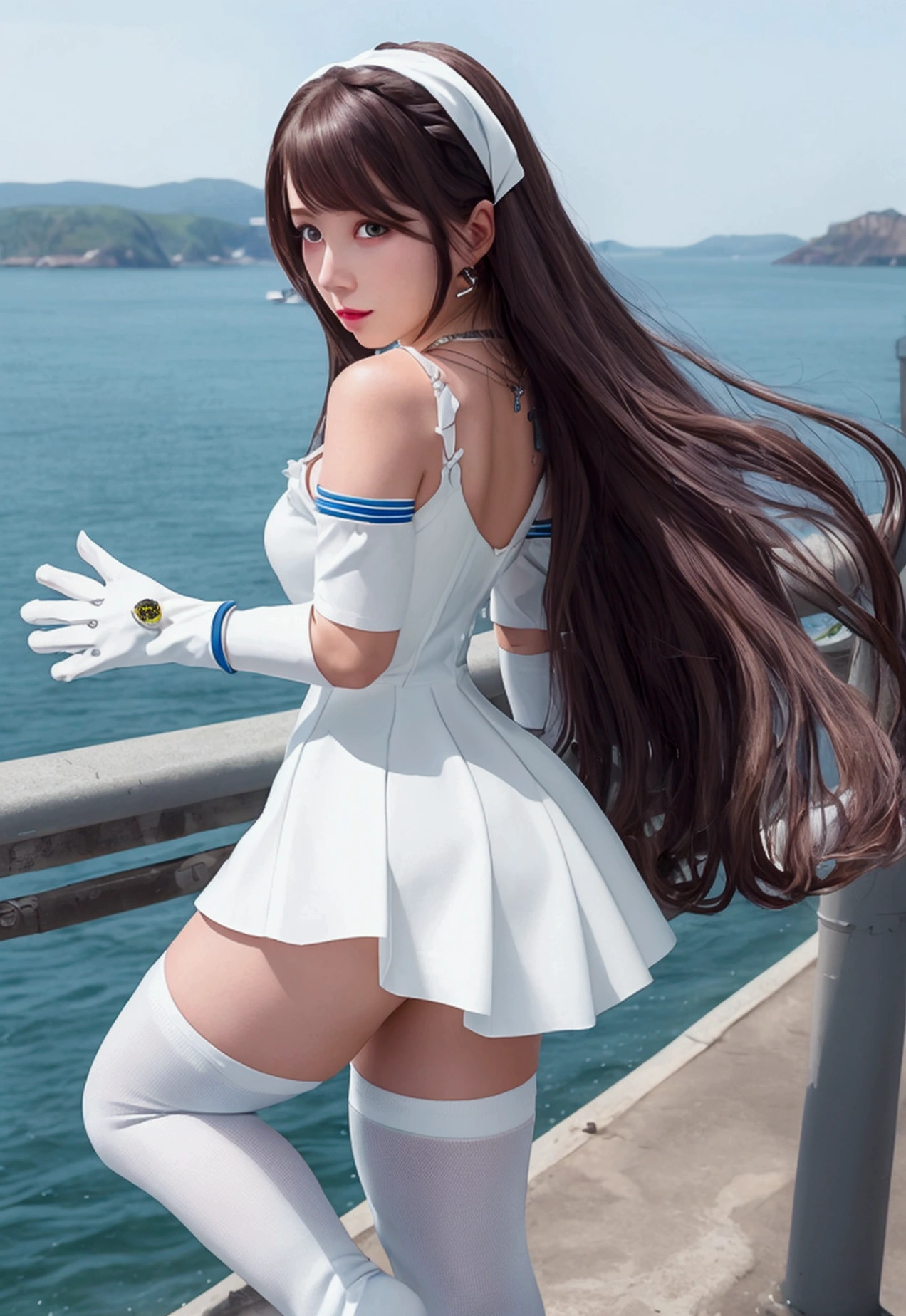 ((Highest quality)), ((masterpiece)), ((One person)), alone, ferry, ((Long Hair)), ferryBase, ((Knee socks)), Exposing shoulders, ((jewelry)), ((No sleeve)), White Dress, Blue Skirt, ((gloves)), Up to the thighs, From behind.