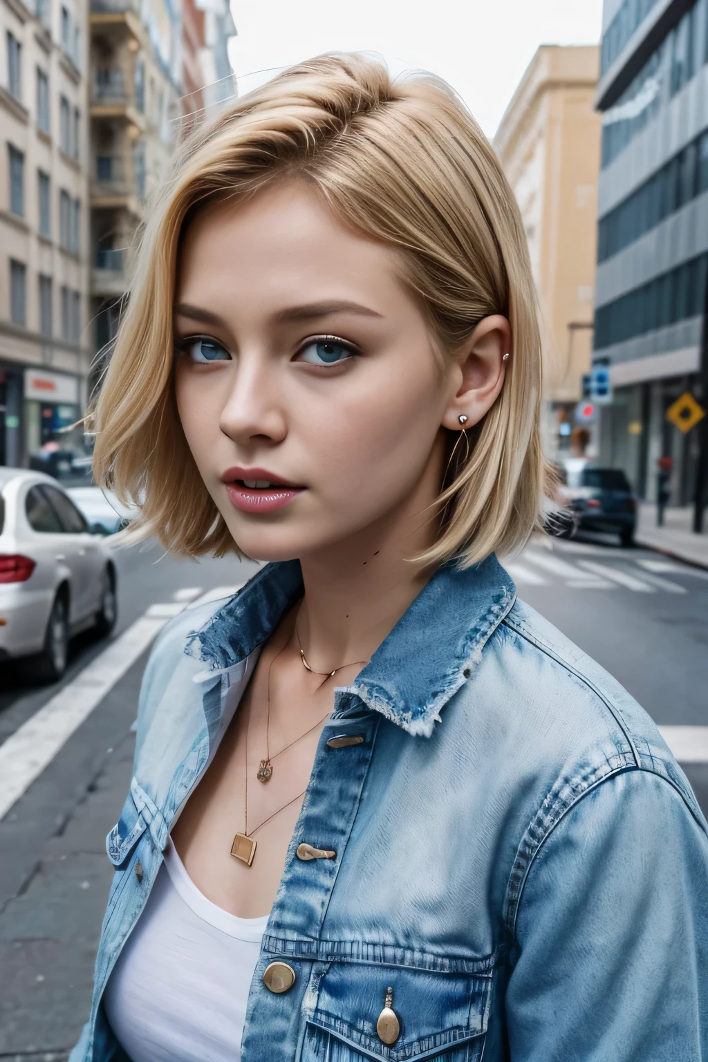 Super Resolution、Beautiful Caucasian Woman、、Blonde、Short Haircut、Wavy Hair、、blue eyes、、ear piercing、necklace、Denim jacket、shirt、Open your mouth a little、The background is the street, Task progress 70%%
