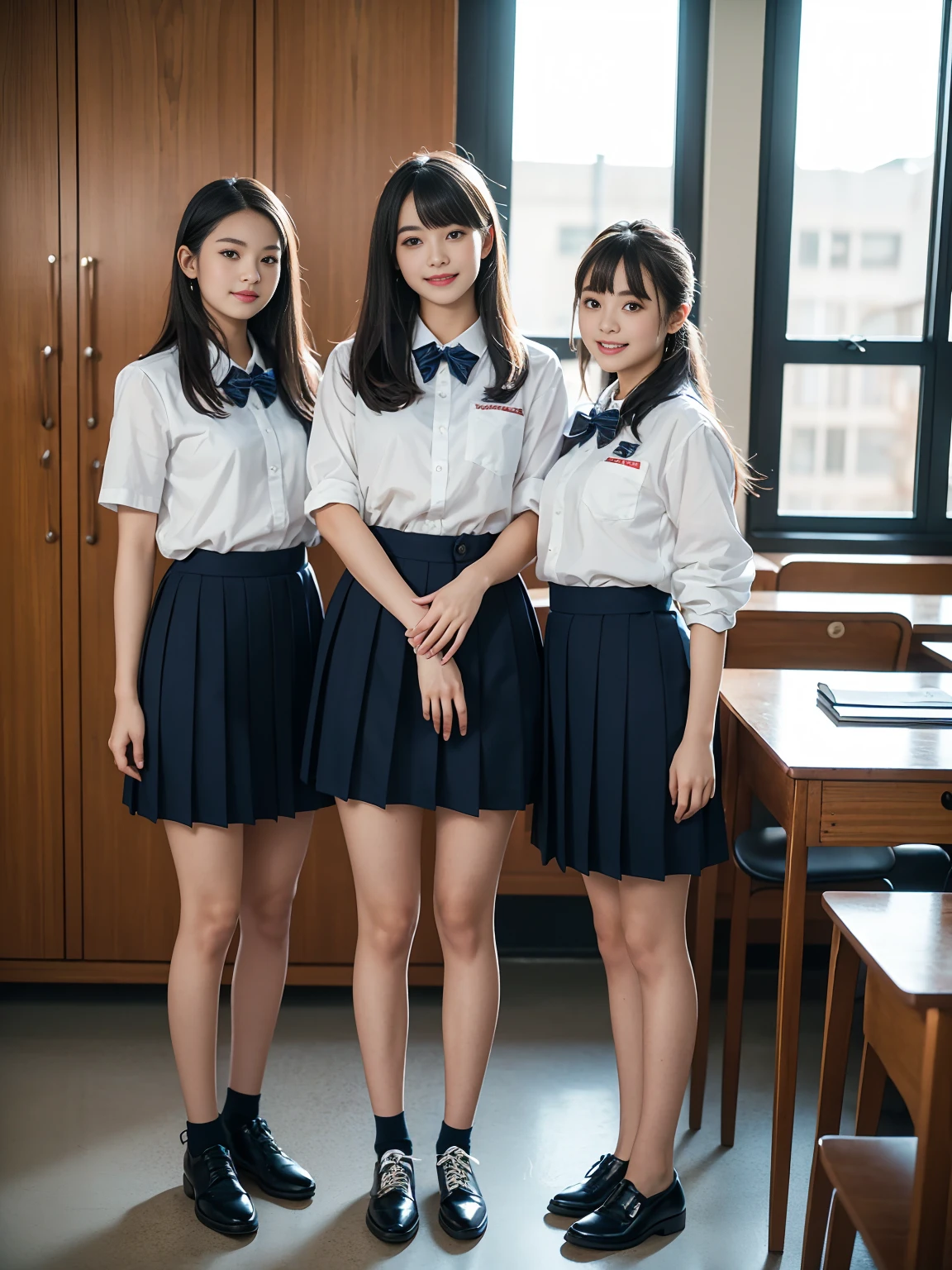 (Highest quality, masterpiece, Photorealistic, Super detailed, Ultra-high resolution, born:1.3), (Three people:1.3), beautiful, 日本人の女子高born, , In the classroom, 学born服,Navy blue high waist pleated mini skirt, (smile), (bangs), (Long legs, whole body:1.2), (Standing side by side)