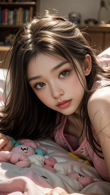 Lying face down on the bed, look at me, 22 years old, Realistic, She is wearing long pants, She is wearing pink pajamas, Brown Hair. camisole、Shorts,Her chest is visible from the front.