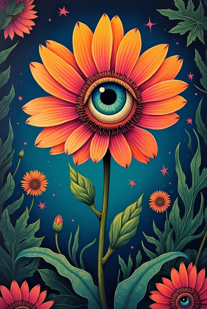 A painting,A flower with big eyes in the painting,Surrounded by plants, Psychedelic surrealist art, The holy grail of the eyes of the brain, Shaman horror LSD art, Psychedelic illustration, Pop surrealism, Surreal psychedelic design, Exotic plants and fauna, Exotic plants, Psychedelic Art, Highly detailed hyperrealistic art, strange plants, hallucinatory art, DMT art, Psychedelic Artwork