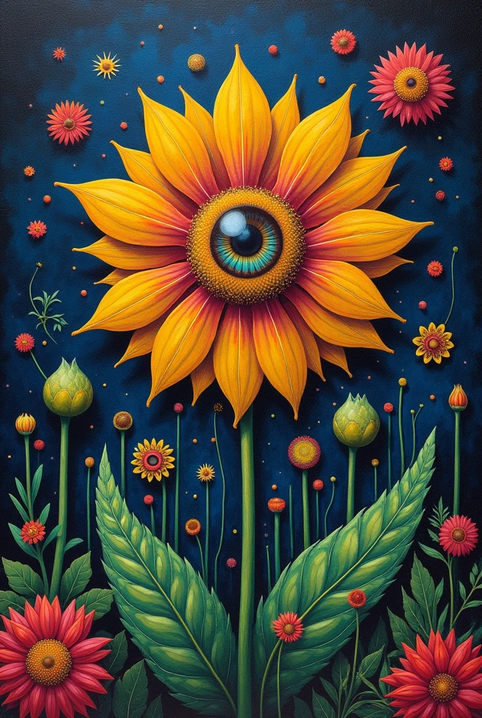 A painting，A flower with big eyes in the painting，Surrounded by plants, Psychedelic surrealist art, The holy grail of the eyes of the brain, Shaman horror LSD art, Psychedelic illustration, Pop surrealism, Surreal psychedelic design, Exotic plants and fauna, Exotic plants, Psychedelic Art, Highly detailed hyperrealistic art, strange plants, hallucinatory art, DMT art, Psychedelic Artwork