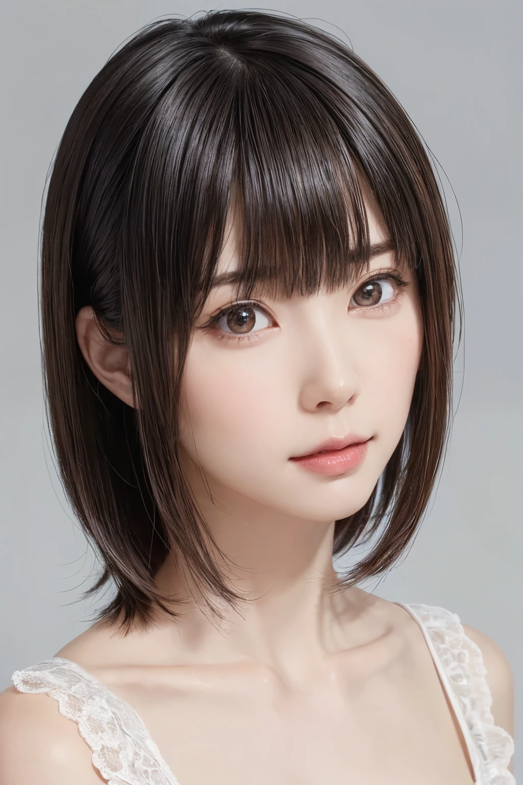 ((masterpiece, Highest quality, High resolution、Realisticですべてが美しく詳細に描かれている)), 1 person, (Realistic: 1.4), alone, White Background, snow-White Background, Mouth closed, smile, smile, Beautiful black hair, short hair, Big eyes, Transparent double eyelids, eyelash, Listen carefully, Long neck, 美しくLong neck, Absolute area, ((Face close-up)), (Draw the whole head, shoulder), 19 years old, Attractive proportions, Glowing Skin, Beautiful clavicle, Golden ratio face, Perfect Face, Teardrop-shaped mole, chestのほくろ, bangs, clean bangs, beautiful bangs, Lip gloss, Thin lips, Fair skin, naked, Big Breasts, {Huge|big|Hugeな|Mega} chest:2, chestの谷間:2,chestの谷間を見せる、Small face, Small face, All the heads are painted, shoulder all drawn, Point slightly above the camera