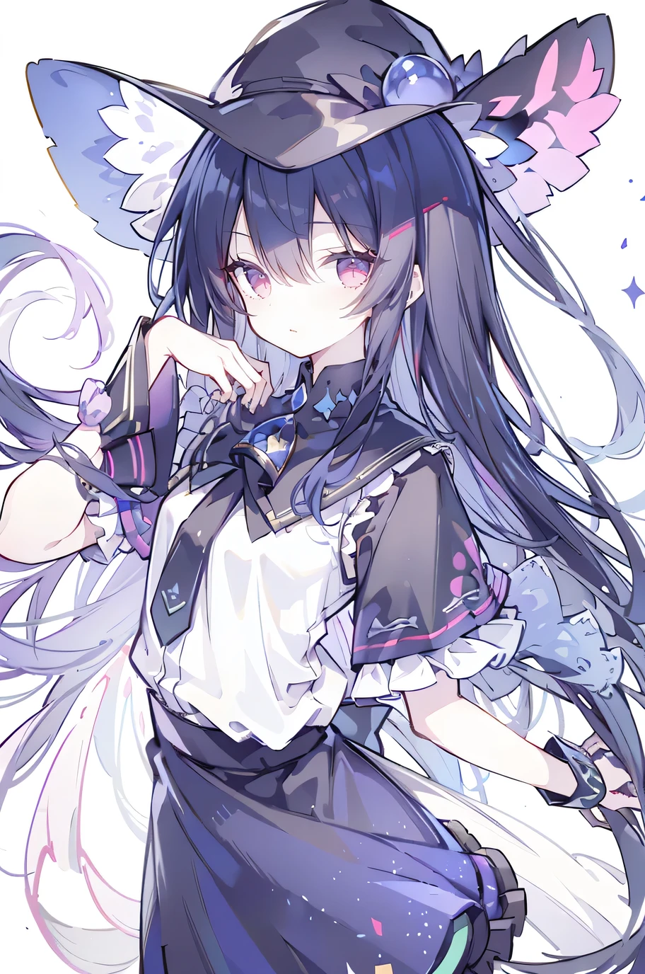 oung Girls,Humanity,A magician always smiles,big witch hat,cute,dark blue long hair,The eyes are dull,The bangs are heavy,Thin eyebrows,fantasy,intake,Double teeth,Star Theme,Constellation pattern,Solid color clothetal decoration,cloak,A bit of a dark atmosphere,A little crazy smile,When the big moon shines outside at night,blood,Hair black star embellishment,Short tie,No nails,High waist skirt,Bell sleeves,Long-sleeved shirt,Black tie,low risk,gentlemen。Mist、Yellow and white effect,Shocking pink as an accent color