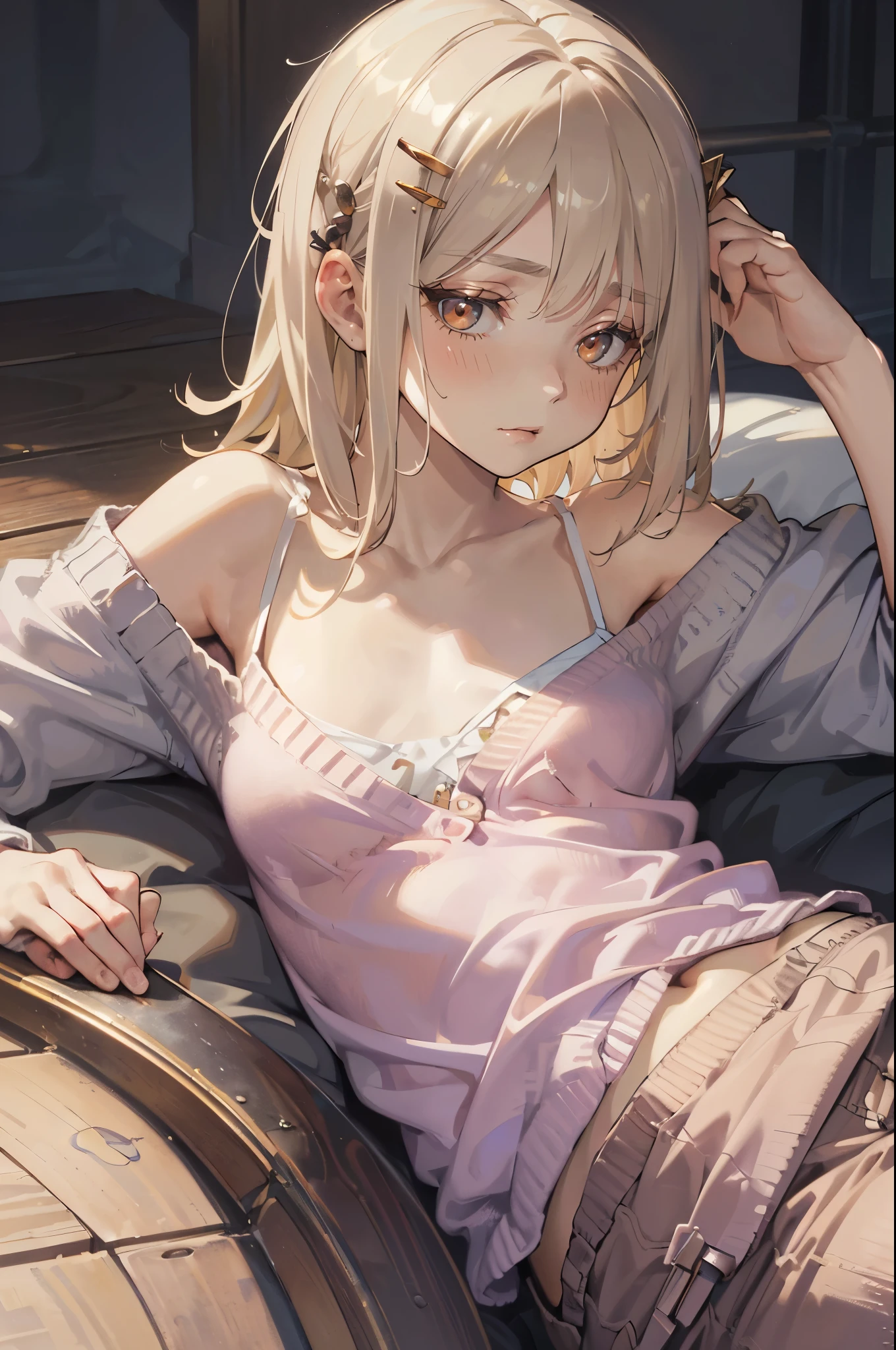 Photorealistic:1.5, Beautiful woman, hairstyle that bounces outward, (medium hair:1.5), (platinum blond hair:1.5), (platinum blond colored eyelash:1.5), (parted bangs:1.5), (amber color eyes:1.5), (sleepy face:1.5), blush:1.2, (tilt one's head:1.5), (hairpin:1.3), (masterpiece:1.3), (best quality:1.3), high-resolution, Head-on angle, Body facing forward, solo, beautiful detailed eyes, mid day, (((best quality, textile shading, ultra detailed))), extremely detailed CG unity 8k wallpaper, Highly Detailed beautiful and aesthetic, high resolution, detailed, dramatic lighting, 1Character, soft, gentle colors, (flat chest:1.5), (white camisole:1.5), (blue low-rise shorts:1.5), (Navel peeking out a little:1.2), (super long hem summer cardigan:1.5), (skinny:1.5), blur background, downtown:1.5, lie down:1.2,