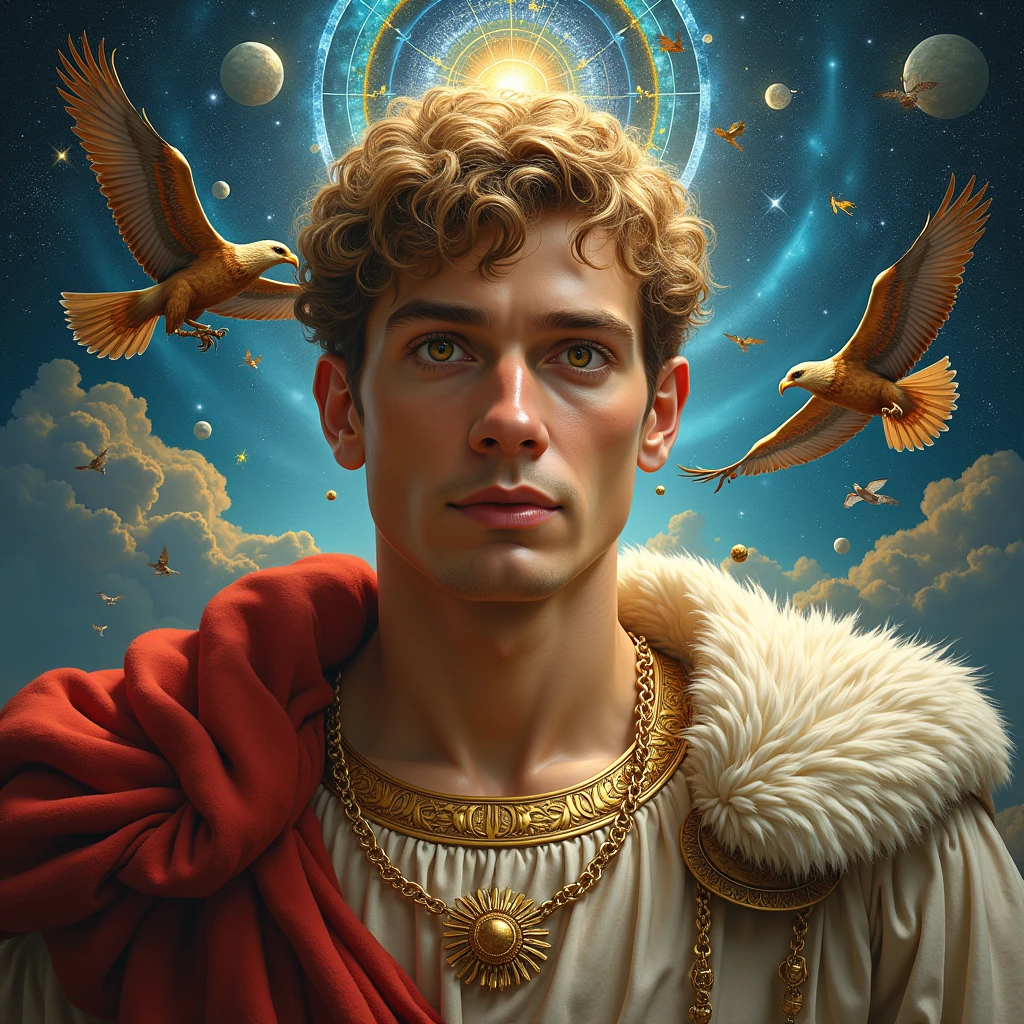 ((masterpiece)), ((Highest quality)), ((High resolution)), ((Highly detailed CG Unity 8k wallpaper)), Roman Emperor Constantine1The Great Emperor、Fluffy hair、Bright and sharp eyes、eyes like a lion、Leisurely Actions、Calm and Composed Expression、Aura of Majesty、neck as thick as a bull、Eagles and Hawks Are Fond of Him、Tarot Cards、Oracle Cards、『world』、In the Style of William Blake、Gustave Moreau's Painting Style、Ancient and Modern、輝く未来とhope、The Universe、Dazzling Light at the Galactic Center、Sagittarius Galactic Center、Flood of light、The colorful sparkle of gemstones、Lu Li Guangcai、Play-of-color effects、Paradise、Eden、Heavenly Jerusalem、Nostalgia、hope、永遠のhappiness、Genesis、Revelation、Alpha and omega、Healing、Longing and fulfillment、Everything is for the best、bless、Heavenly Purification、Bliss of All Things、happiness、Eternal Life、completely、perfection、Forgiveness、occultism、Symbolism、Primordial Happiness、peace of mind、reproduction、revival、魂のHealing、God's Plan、天使のbless、peace、joy、lotus、lily、Rose、Money、黄Money、The Edge of the Universe、The magnificent light of celestial bodies、Fantasy、like、Beauty、Digital Art、kind、慈like、mercy、wisdom、vitality、 Tree of Life、Tanaha、Christian Bible、revelation、Eternal happiness、万物への平和とhappinessと保護を祈る、大切で貴重なpeaceと元気と賢さ、pure land、Mandala、