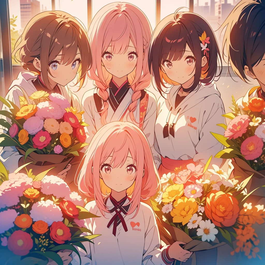 kawaii, anime, Cute, hyper quality, highly detailed, 8k, Clarity, Draw facial expressions in detail,  with short pink hair, freesia flower, bouquet, younger sister, younger brother, parents, friend, good friends, smile, Netherlands, surrounded by many people, friendship, best friend, family love, classmate, lover, (One girl with pink hair, the others are brown or blonde), hoodie, private clothes, girl with long dark brown hair, 	