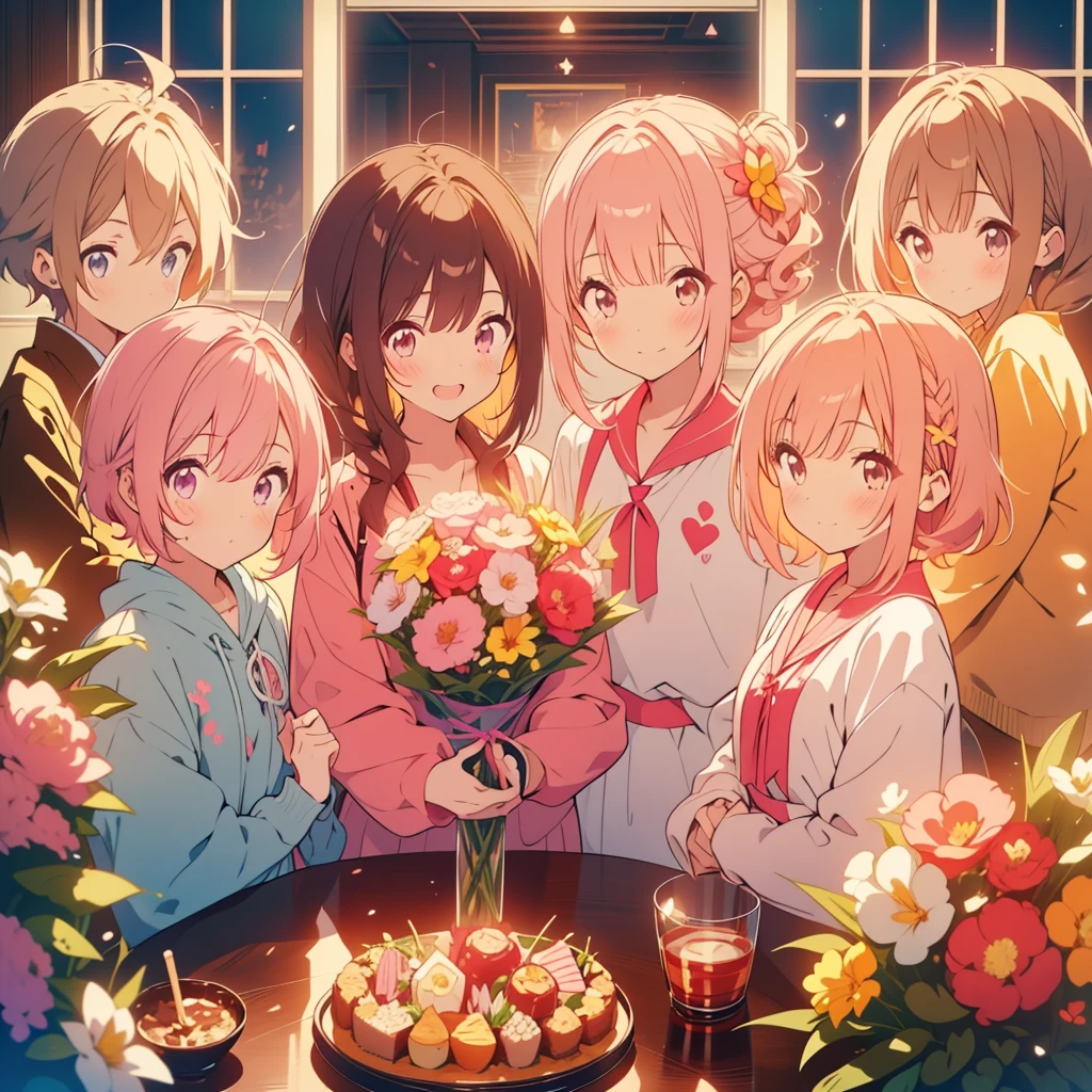 kawaii, anime, Cute, hyper quality, highly detailed, 8k, Clarity, Draw facial expressions in detail, with short pink hair, freesia flower, bouquet, younger sister, younger brother, parents, friend, good friends, smile, Netherlands, surrounded by many people, friendship, best friend, family love, classmate, lover, (One girl with pink hair, the others are brown or blonde), hoodie, private clothes, girl with long dark brown hair,