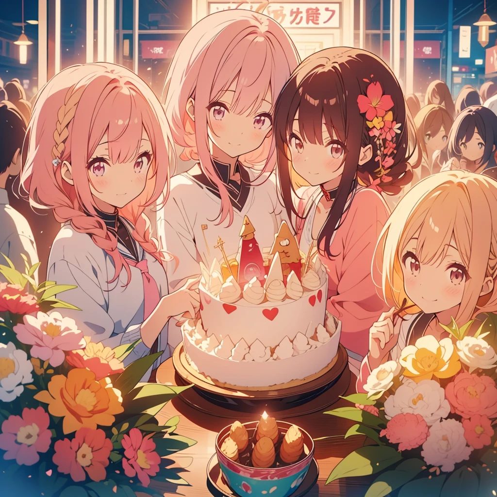 kawaii, anime, Cute, hyper quality, highly detailed, 8k, Clarity, Draw facial expressions in detail,  with short pink hair, freesia flower, bouquet, younger sister, younger brother, parents, friend, good friends, smile, Netherlands, surrounded by many people, friendship, best friend, family love, classmate, lover, (One girl with pink hair, the others are brown or blonde), hoodie, private clothes, girl with long dark brown hair, 	