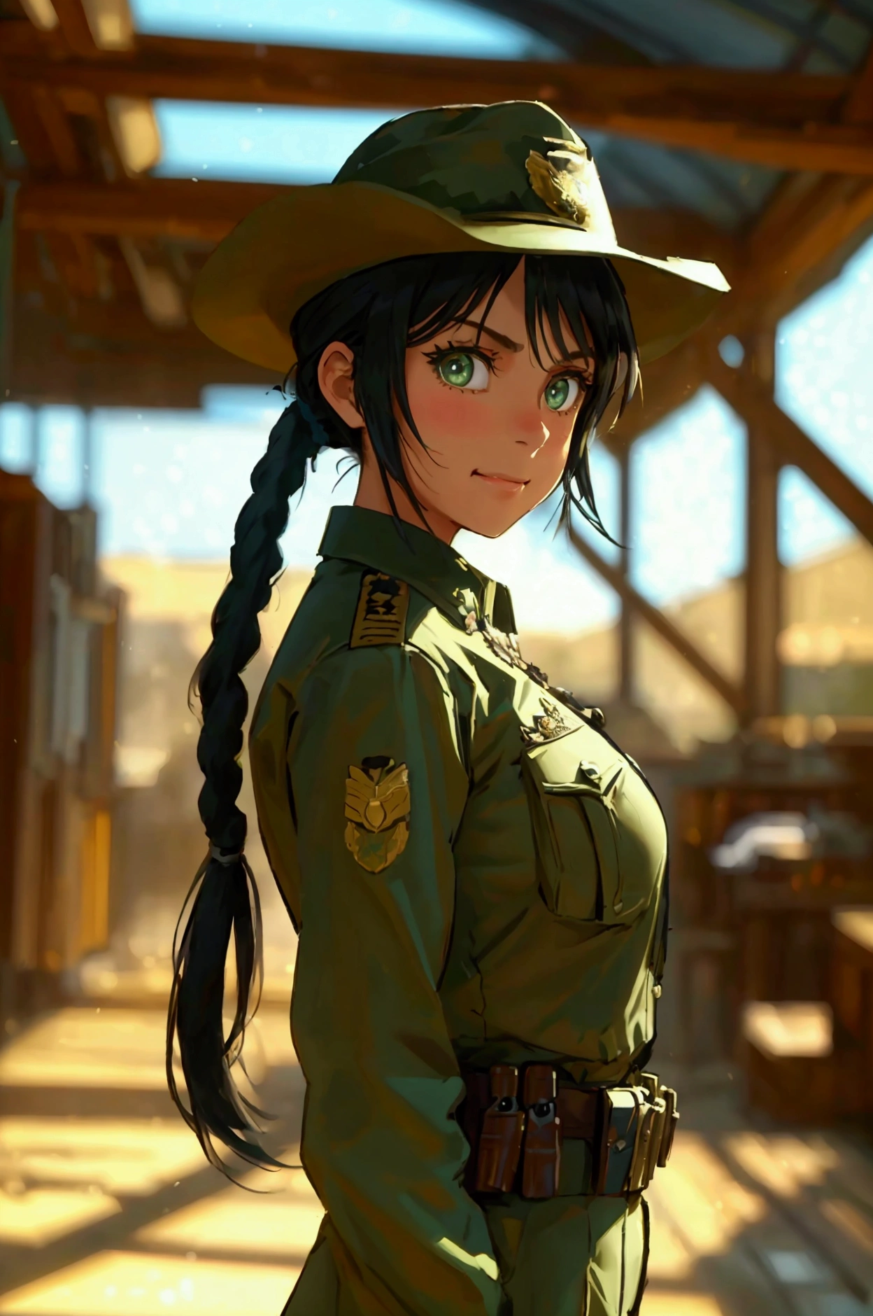 masterpiece, best quality, cowboy shot, solo, 1girl, black long ponytail, green eyes, happy:0.6, smile:0.5, looking at viewer, military officer uniform, camp base, indoors, dynamic lighting, frowning, scolding, big sized breasts