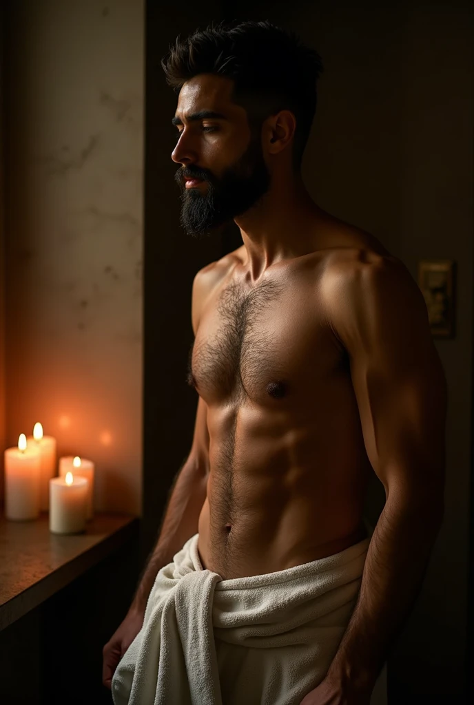 Man around 28 years old, natural black hair and beard, chemise, older, USE ONLY A TOWEL AROUND YOUR WAIST, slender, Candlelight in a DARK environment, ultra sharp focus, realistic shot, chemise