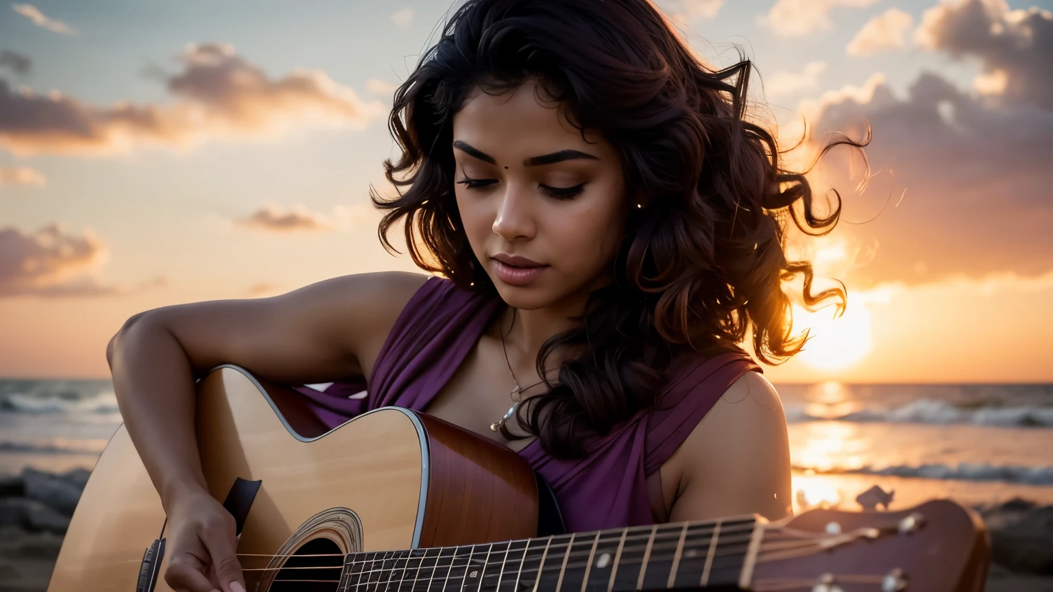 ((best quality)), ((masterpiece)),(detail), perfect face, full body shot of light skin indian female model passionately playing the guitar by the beach, a purple sunset, rose petals flying across the sky, woman wearing a silk dress, woman with black and curly hair, woman, has a headphone on and enjoying the music. with setting sun, romantic style, retro vintage and romanticism, blurred background image, sunset light, golden sunshine, roses, very lots of flying flower petals, rose petals stuck in hair, warm orange background color, subject takes up 1/3 of the frame, hyper-realistic photos, 8k, ultra high resolution, sharp faces