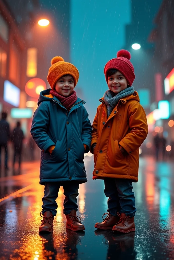 2 young sardar boys,night city,rain,coat,hands in pockets, street lights, animated