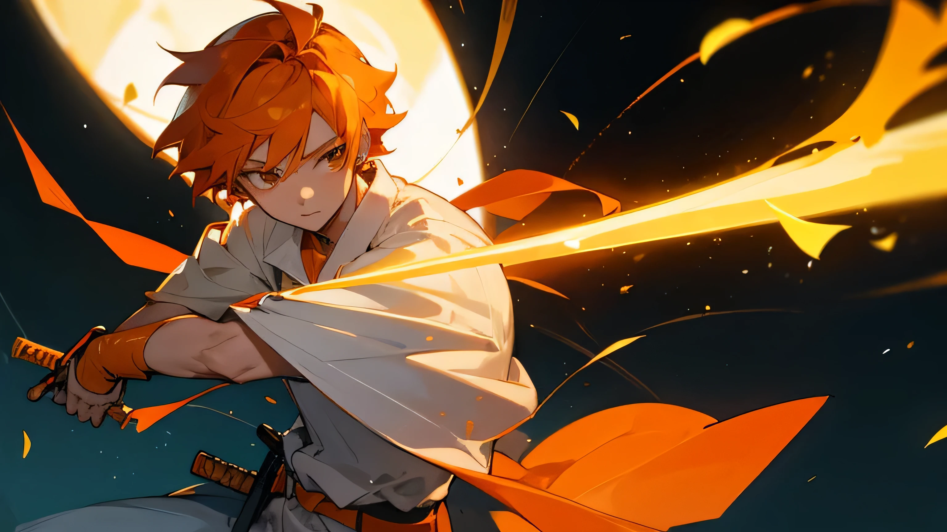 boy, orange hair, pose with a sword, white clothes, modern sword technology, background with orange fireflies