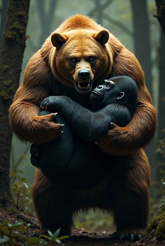 A realistic bear costume that looks like it could eat people、Holding a gorilla in their mouth