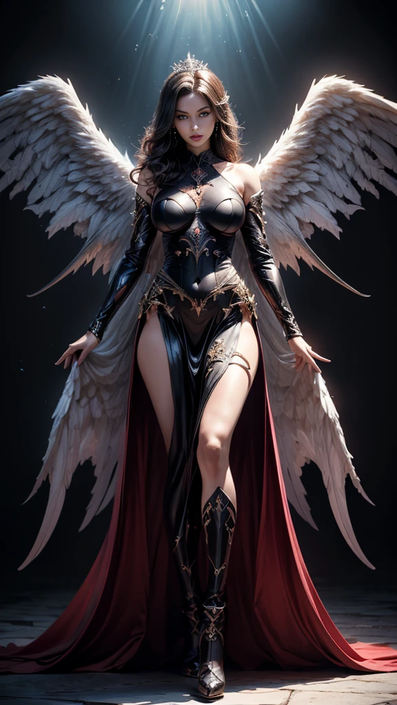 full body image, 20 year old woman, shiny black, straight, Two meters long, big breastโตฟูอวบอิ่ม, Eye-Catching Pose, ((Perfect dynamic composition:1.7)), Highly detailed skin and face:1.3, Details of the limbs, Wings on the shoulders, both angelic and demonic, (Clearly separated, Angel wings and devil wings, White wings and black wings), (Realistic picture, highest resolution), The beautiful face with a calm and elegant expression, Completely gone, (A demon god with wide wings and enormous power on his shoulders., black bat wings:1.2, white angel wings:1.5), (สาวสวยผมTwo meters long, Shiny black hair, Smooth white skin, Lips are very red.), ((stand, finished)), (big breasts, big breast), (gigantic breast, breast augmentation, Breast 400 cc., small waist, hips raised, small thighs, Long legs), (dynamic poses), (Armor that slightly covers the body), Separate theme, (Angel wings and devil wings), floating in the air above the ground, background darkness, Embraced with twelve wings, He with a crown-like radiance, Those who have light, Wearing little armor, Energy comes out of the body., sparkling wings, White light, black light, Amazing wings, beautiful posture, 8K resolution, Resolution 4000 x 2250 pixels, beautiful posture, Angel wings and devil wings, (Realistic picture, highest resolution), Angel wings and devil wings, White wings and black wings, Angel wings and bat wings, Angel wings and devil wings, White wings and black wings, (เน้นที่big breastsโต, big breastโต), (gigantic breast, small waist, hips raised, small thighs, Long legs), (dynamic poses), (A form-fitting dress in black and red with beautiful patterns, Decorated with gold embroidery, Show off your body to the fullest), Tight-fitting outfit, Short film set that reveals the body, (Angelic and demonic wings separated on the back shoulders), Very full and plump breasts, Breasts that overflow and push against the fabric of the dress, see full body, See every part of the body, Visible from head to toe