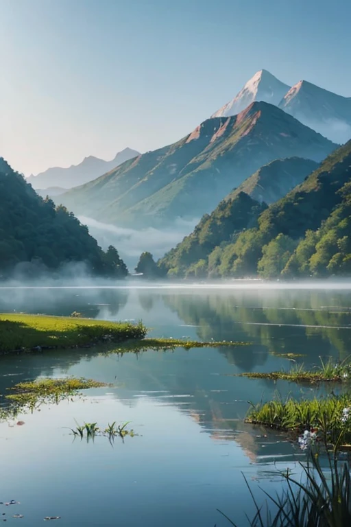 Highest quality、Landscape painting、Tranquil lakeside scenery、Foggy、dim