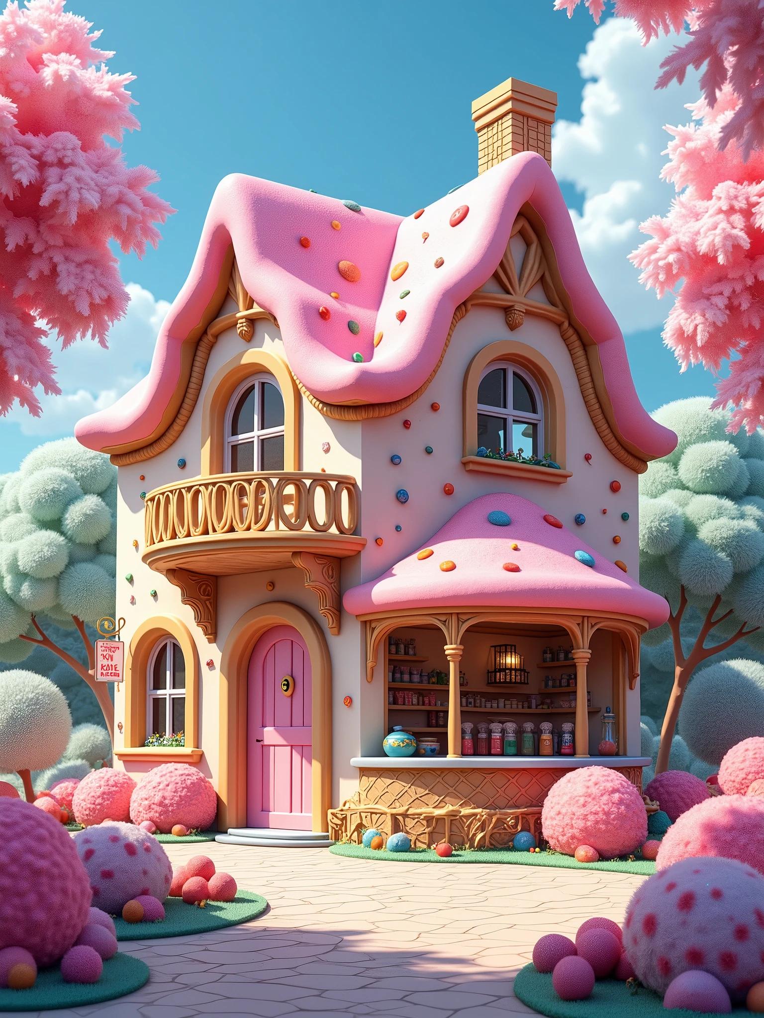 a realistic image of an ice-cream house from inside and outside of house even every corner of the house is made of ice-cream scoops, kitchen shelves, hall balcony area also