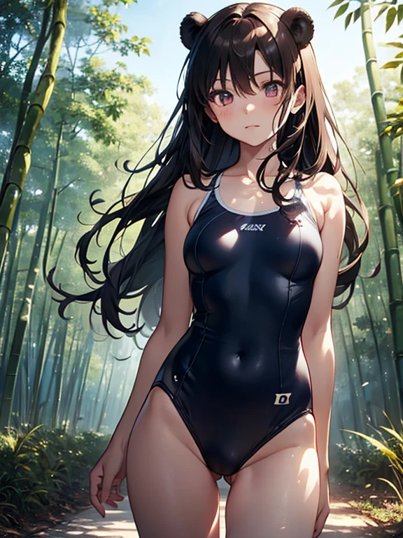 The background is a bamboo forest, Panda, Tiger, School Swimsuit, cute, Beauty, Tohsaka Rin, (masterpiece), highest quality, 1girl, uhd, retina, masterpiece, ccurate, anatomically correct, textured skin, super detail, high details, high quality, best quality, highres, 4K