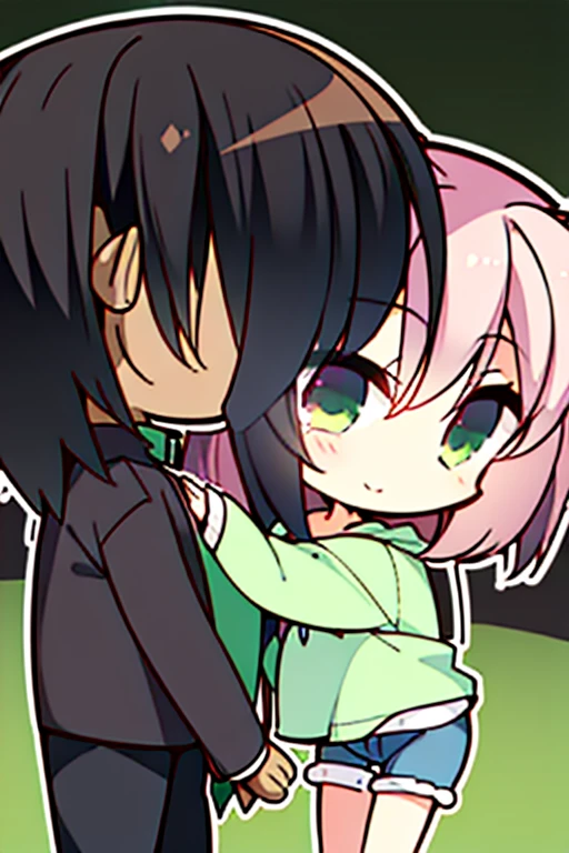 One boy. One girl. Perfect faces. Perfect hands. A black haired boy with green eyes in shorts and Gothic t-shirts is hugging a pink haired girl with violet eyes in a cemetery with a big smile