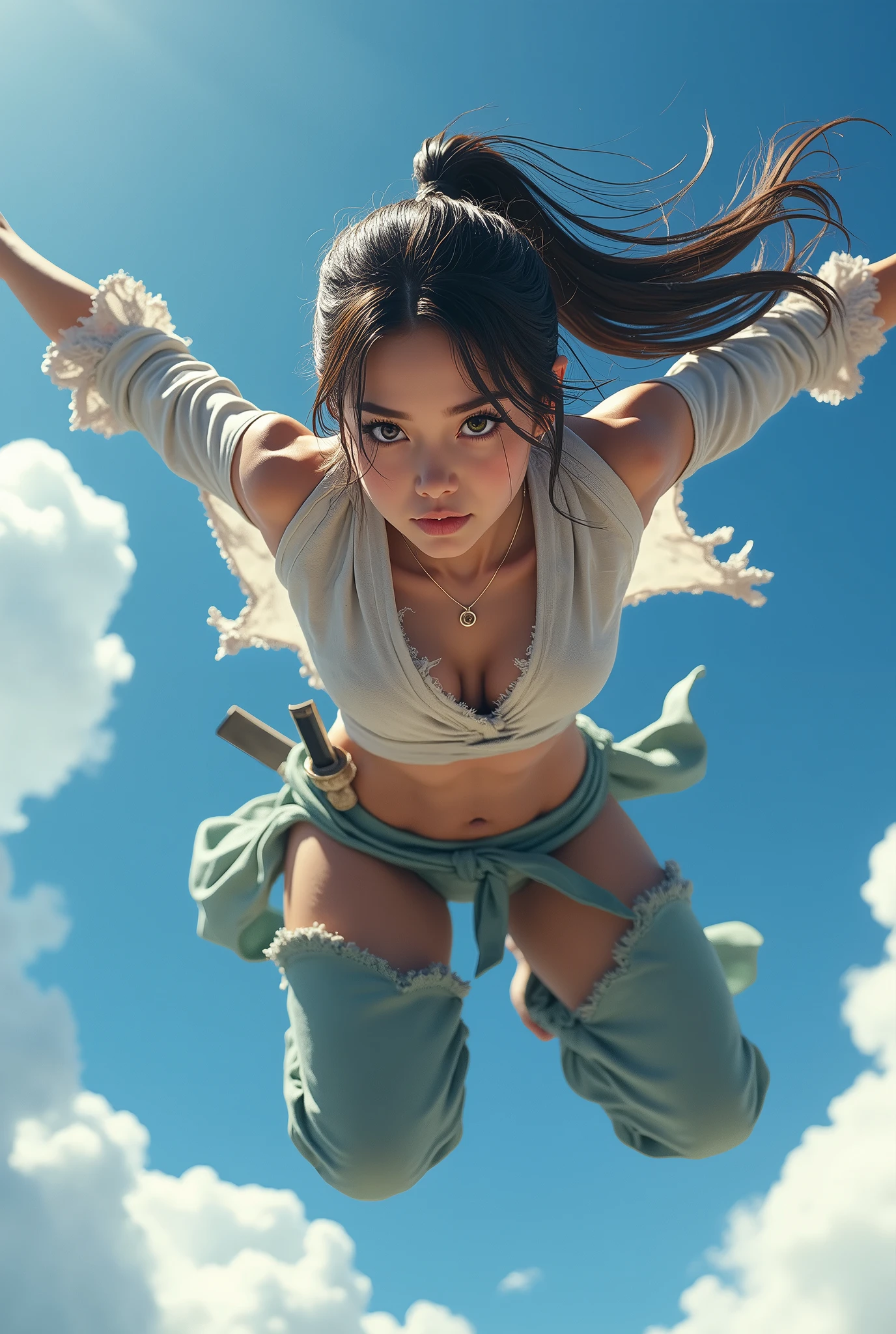 Highest quality, Realistic, Very detailed, finely, High resolution, 8k、Japanese Ninja、Tie your hair、fly in the sky、Double teeth、A face with dimples、Beautiful clavicle、Beautiful inner thighs、Delicate eyes、Facing forward、looking at the camera、Shuriken in the inner thigh、Torn clothes、With belly button piercing、smile