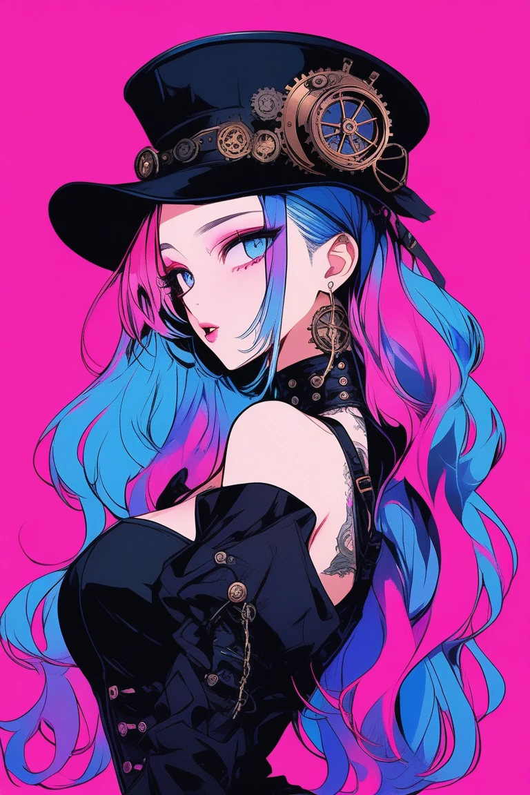 
Illustrator, anime , Realistic ,sketch , 1 person, model, Portraiture, lip, Gothic steampunk hat, Black bustier jumper skirt, Exposing shoulders, order, Blue and pink gradient background, Neon colored hair, Big Breasts, (((Upper Body))), (((look back))), Sexy look, Sexy pose, Texture Trim, Russia, (masterpiece,Highest quality)