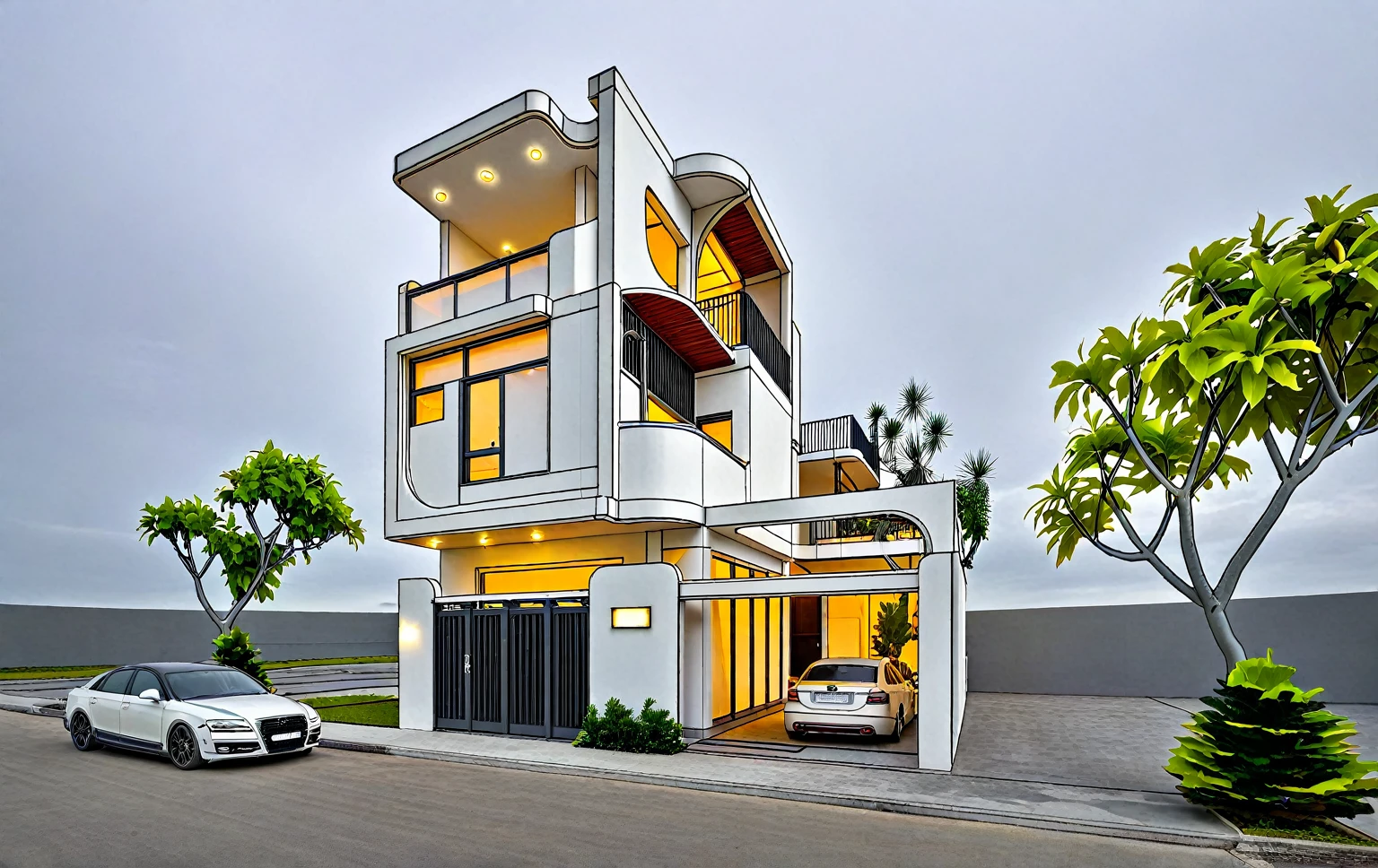 RAW photo, a photo of a modern house, (curvilinear chrchitecture:1.4), Wabisabi style rounded wall, white wall, steel dark gate, sidewalk, sidewalk trees, ((grey gate:1.2)), road, viet nam modern residence, ((architectural shot)), rough white wall, new residential area, wide angle exterior 2022, contemporary house, exterior photography, masterpiece, contemporary architecture, overcast, indirect lighting